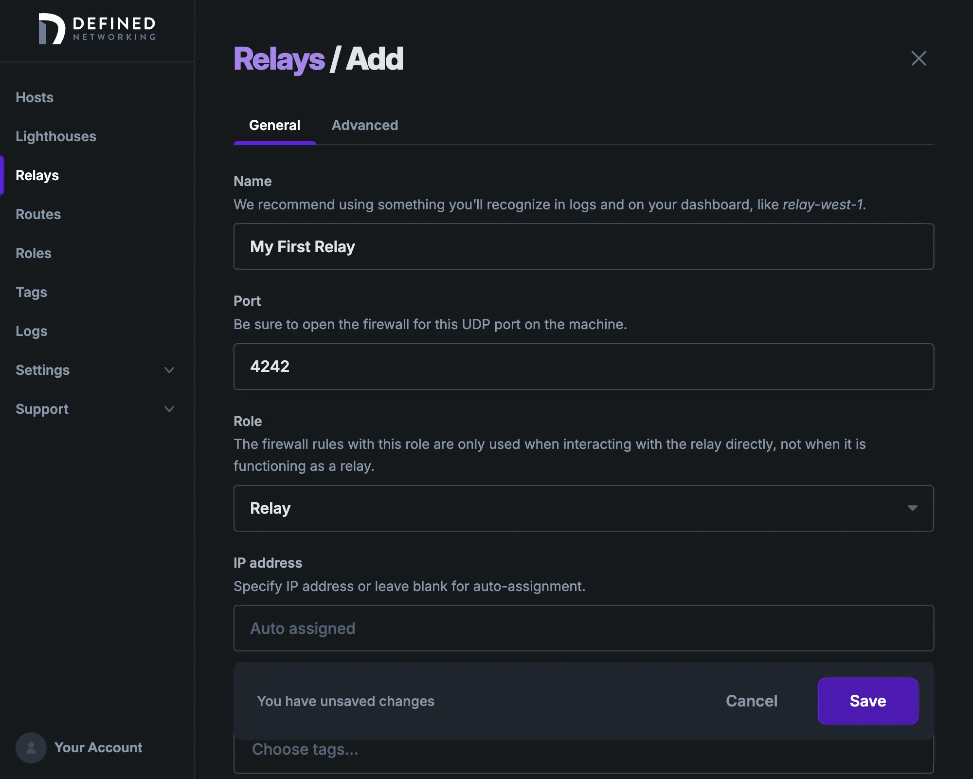 'Add a relay' form that has inputs 'name', 'port', and 'role', with 'role' selected to create a new role called 'Relay'.