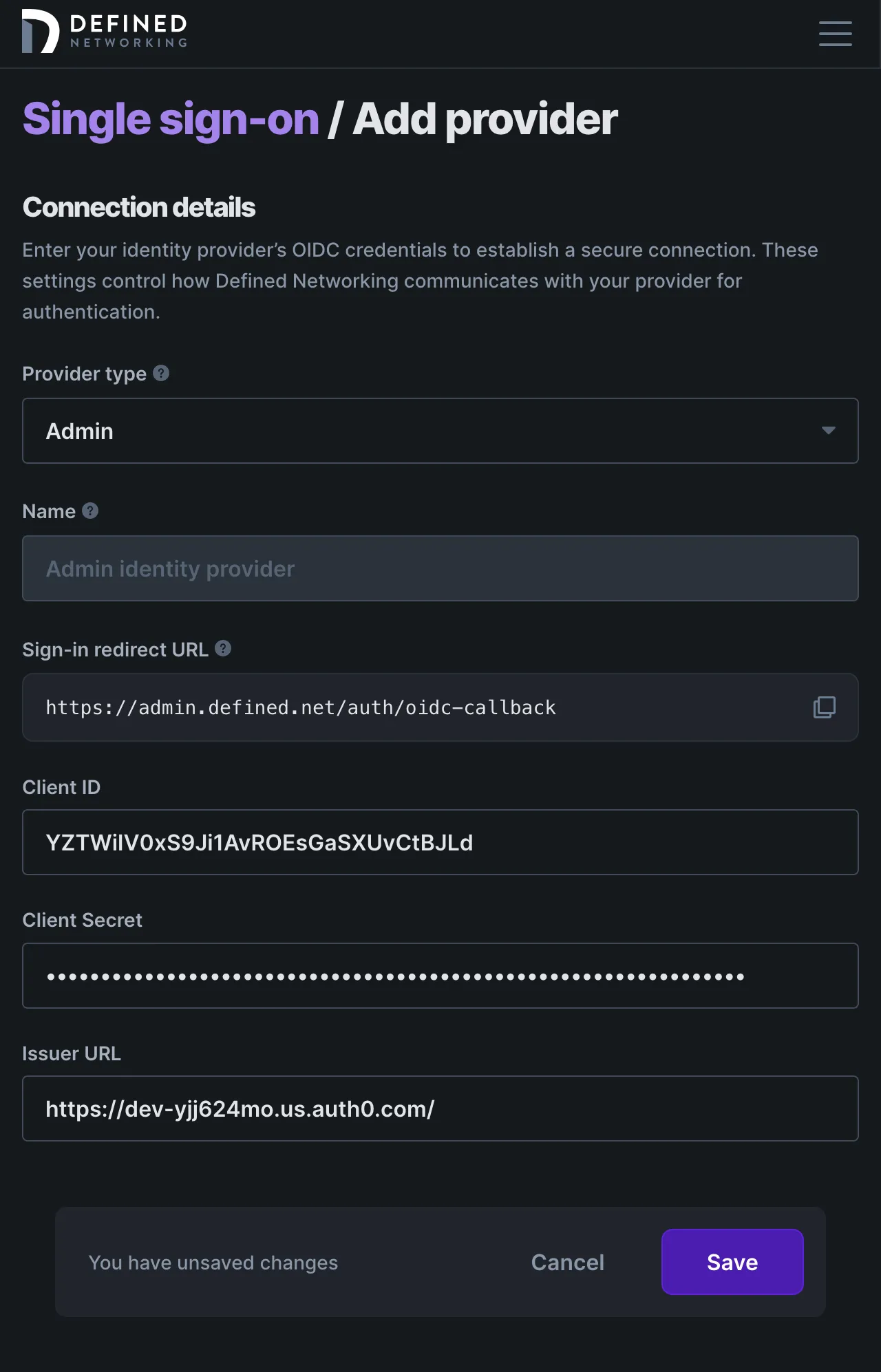Form for creating a new SSO integration that requires a Client ID, a Client Secret, and an Issuer URL