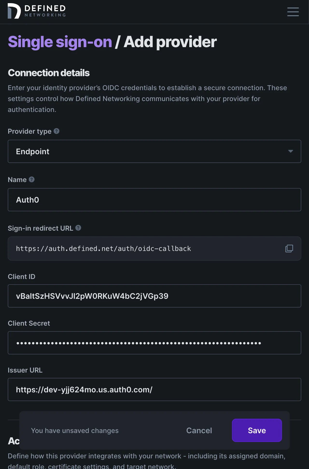 Form for creating a new SSO integration that requires a Client ID, a Client Secret, and an Issuer URL, there's more info needed further down the page