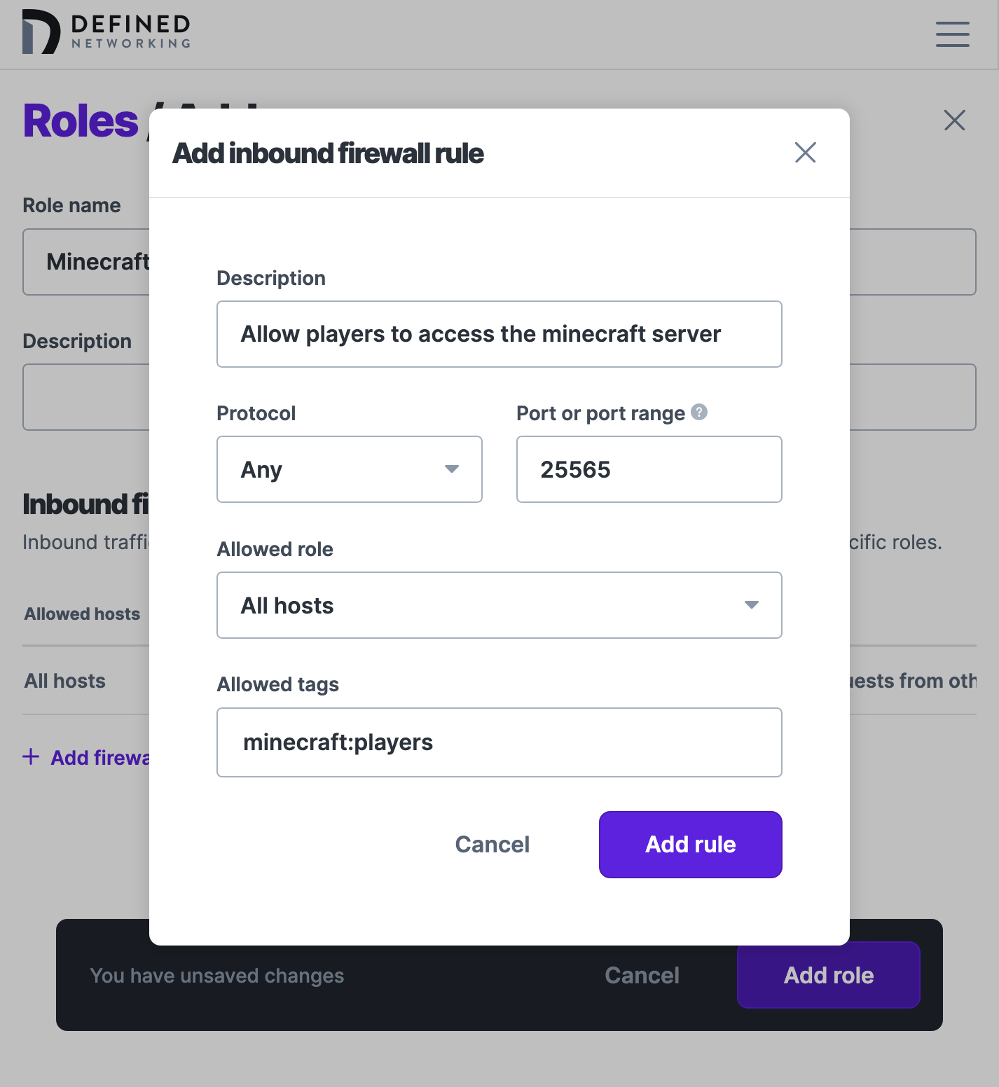 A screenshot of the Add Firewall Rule form in the admin panel, creating a rule for minecraft players to access the Minecraft Server
