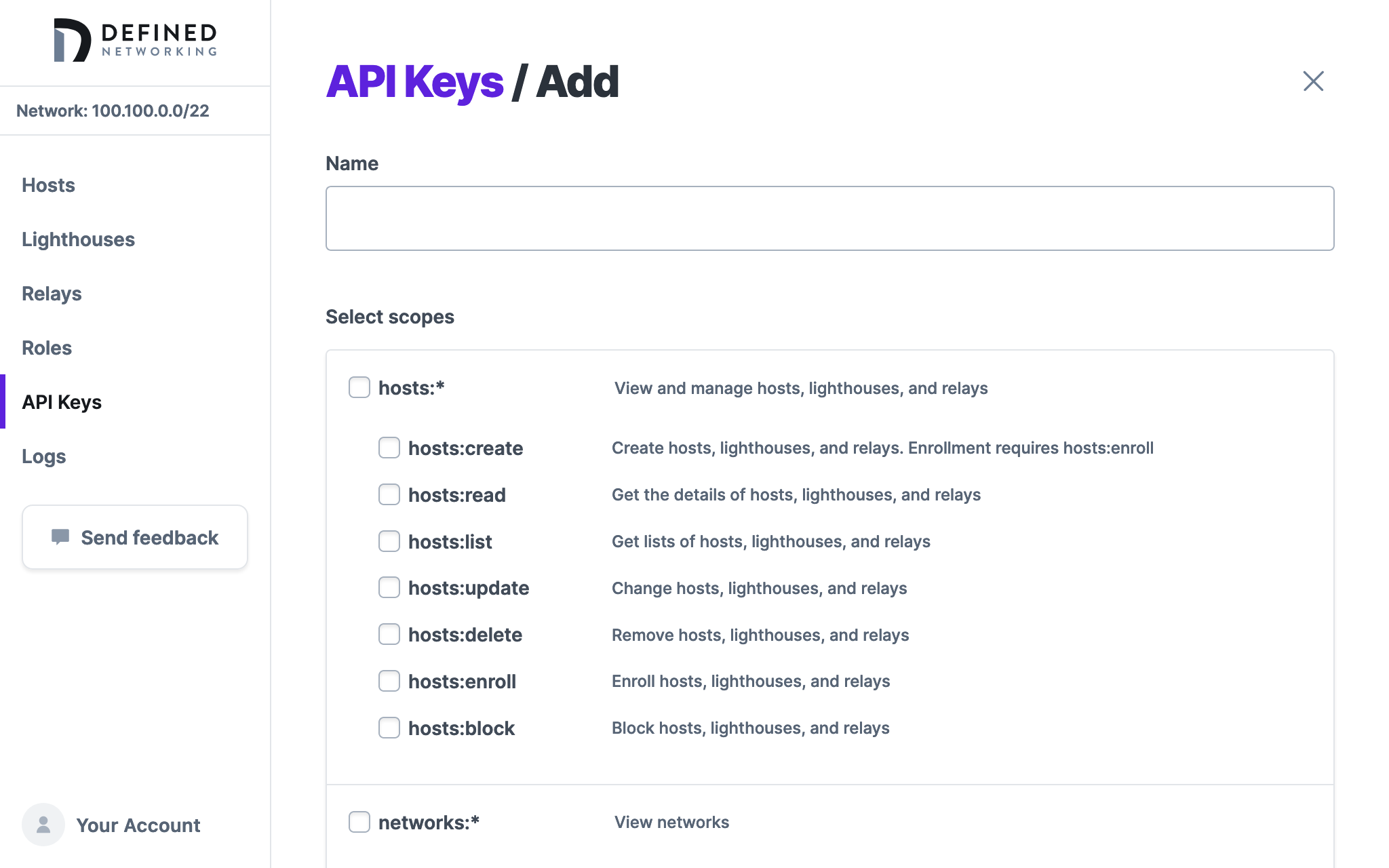 A screenshot of the Defined Networking web admin panel showing the new API key form, with a
field for name, and checkboxes for permission scopes like “hosts:create” and “hosts:read”