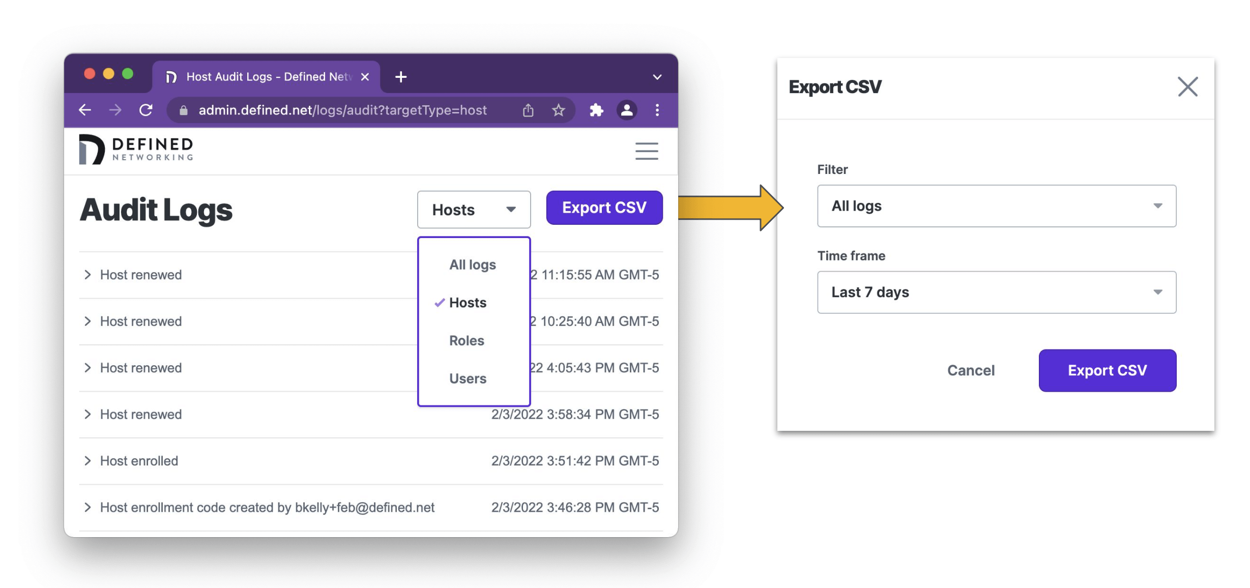 Screenshot of UI showing audit log csv export