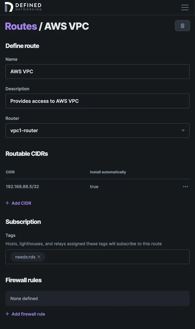 Screenshot of the configured route page, with a name, description, “vpc-router1” selected as the router, a single routable CIDR, and “needs:rds” defined as the only subscribed tag.