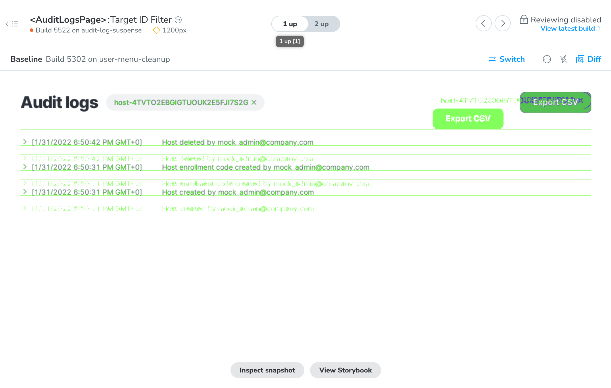 A screenshot of Chromatic showing our Audit Logs page highlighting some broken styles in green
