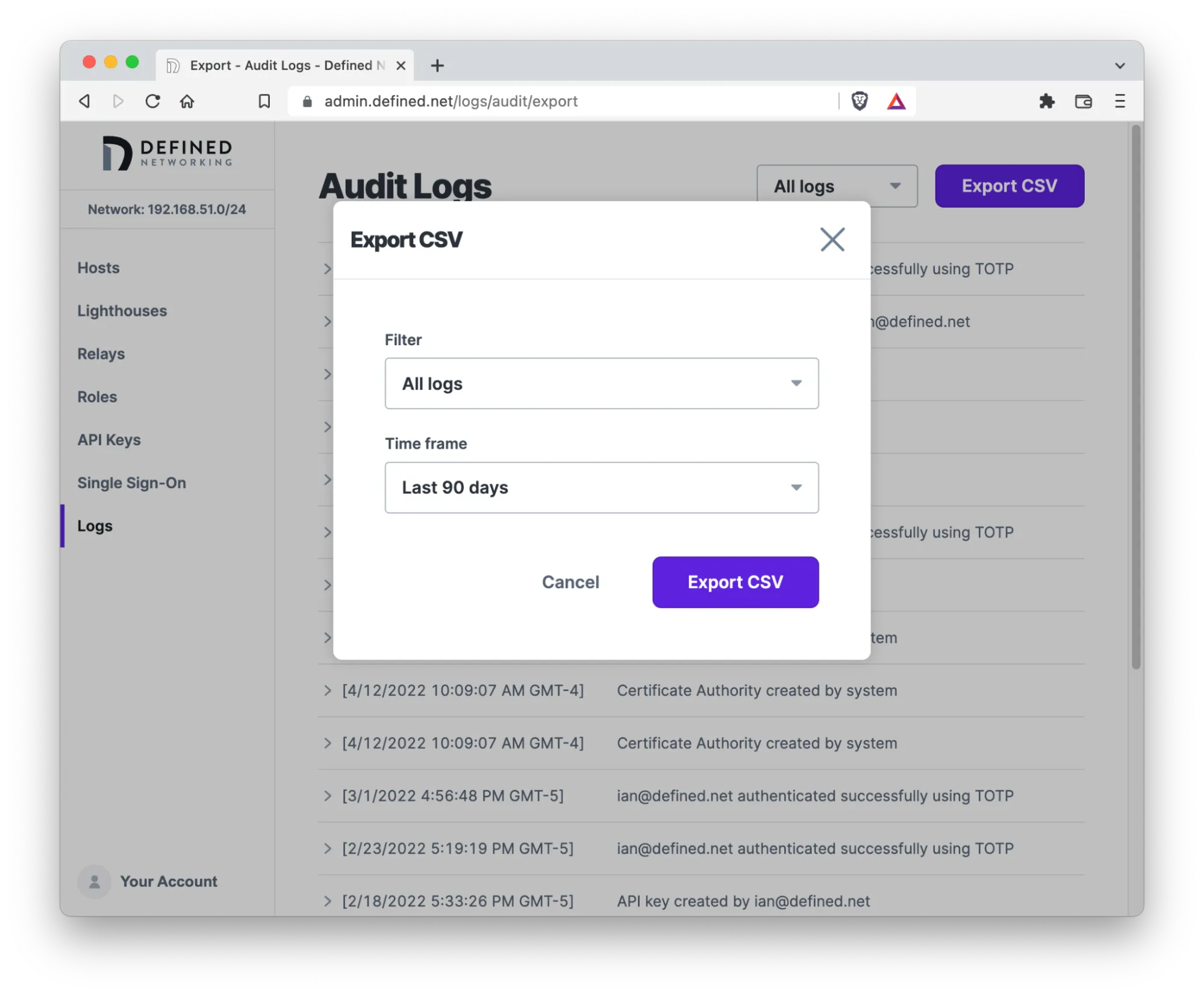 Export CSV modal open with filter and time frame options
