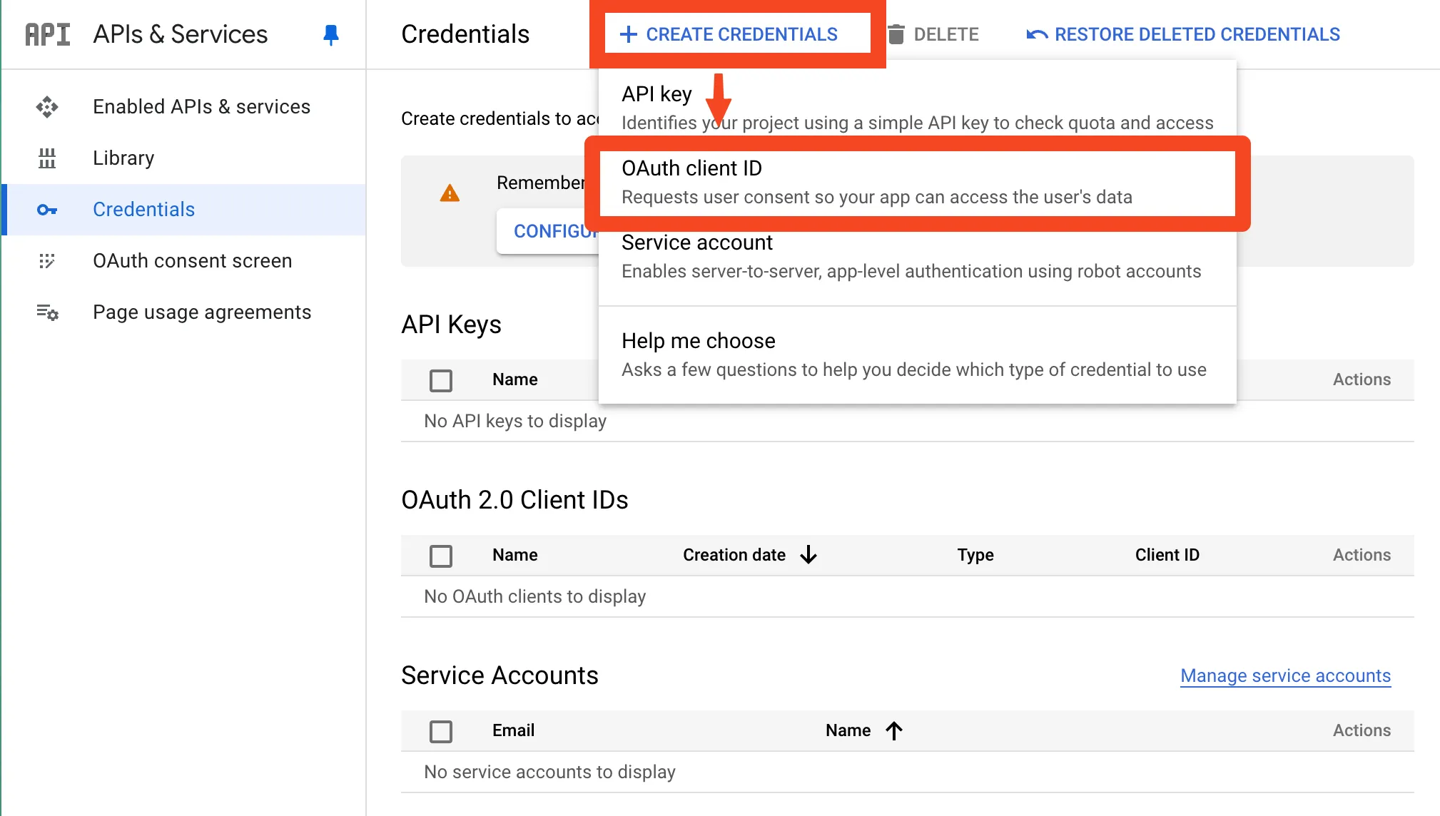 Screenshot of Google API console, showing the addition of an OAuth client ID