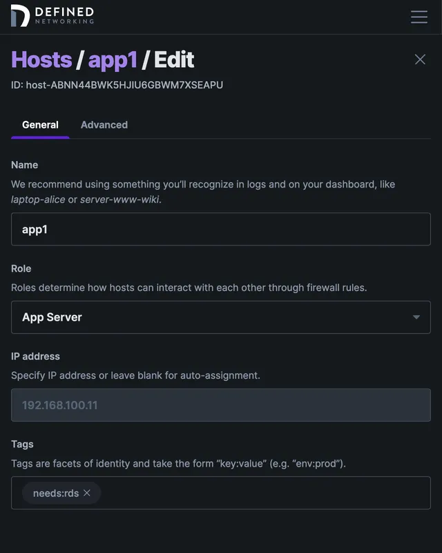 Screenshot of the subscribed host's details page showing the “needs:rds” is assigned.