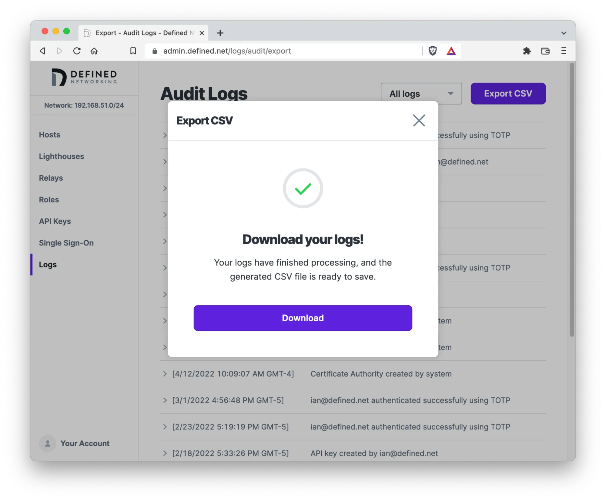 Loading complete for the Export CSV modal, with a Download your logs! button