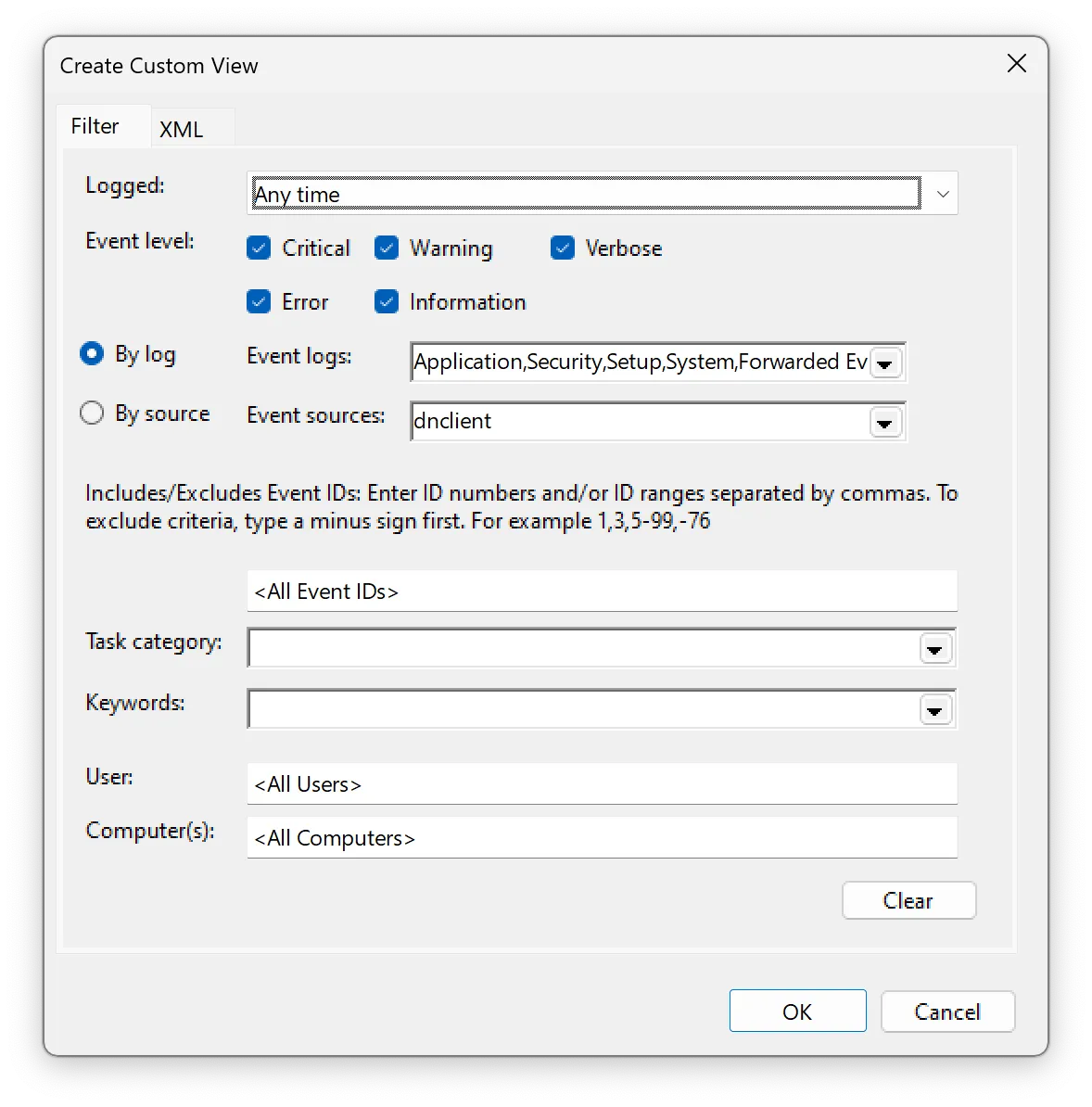 Custom events viewer form showing dnclient entered within the Source field