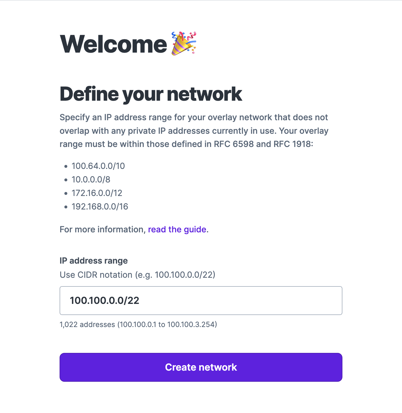 The create a new network form in the admin panel for a new account