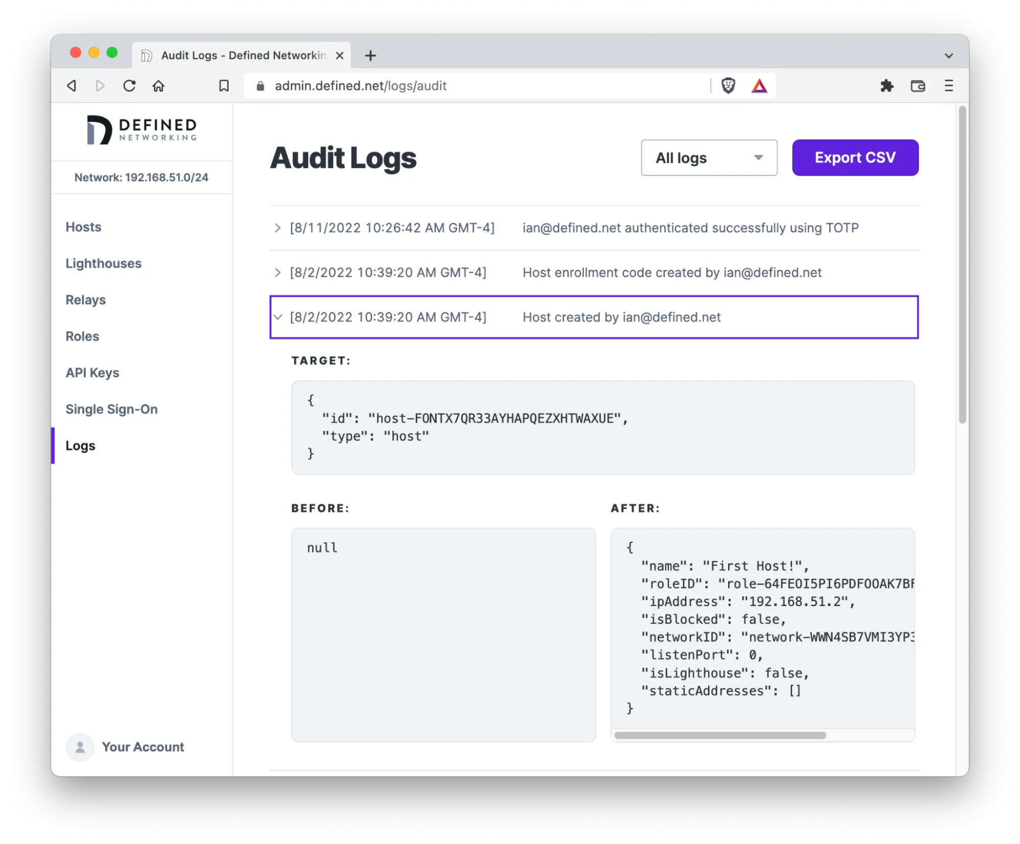 Audit Logs page showing a "Host created" record