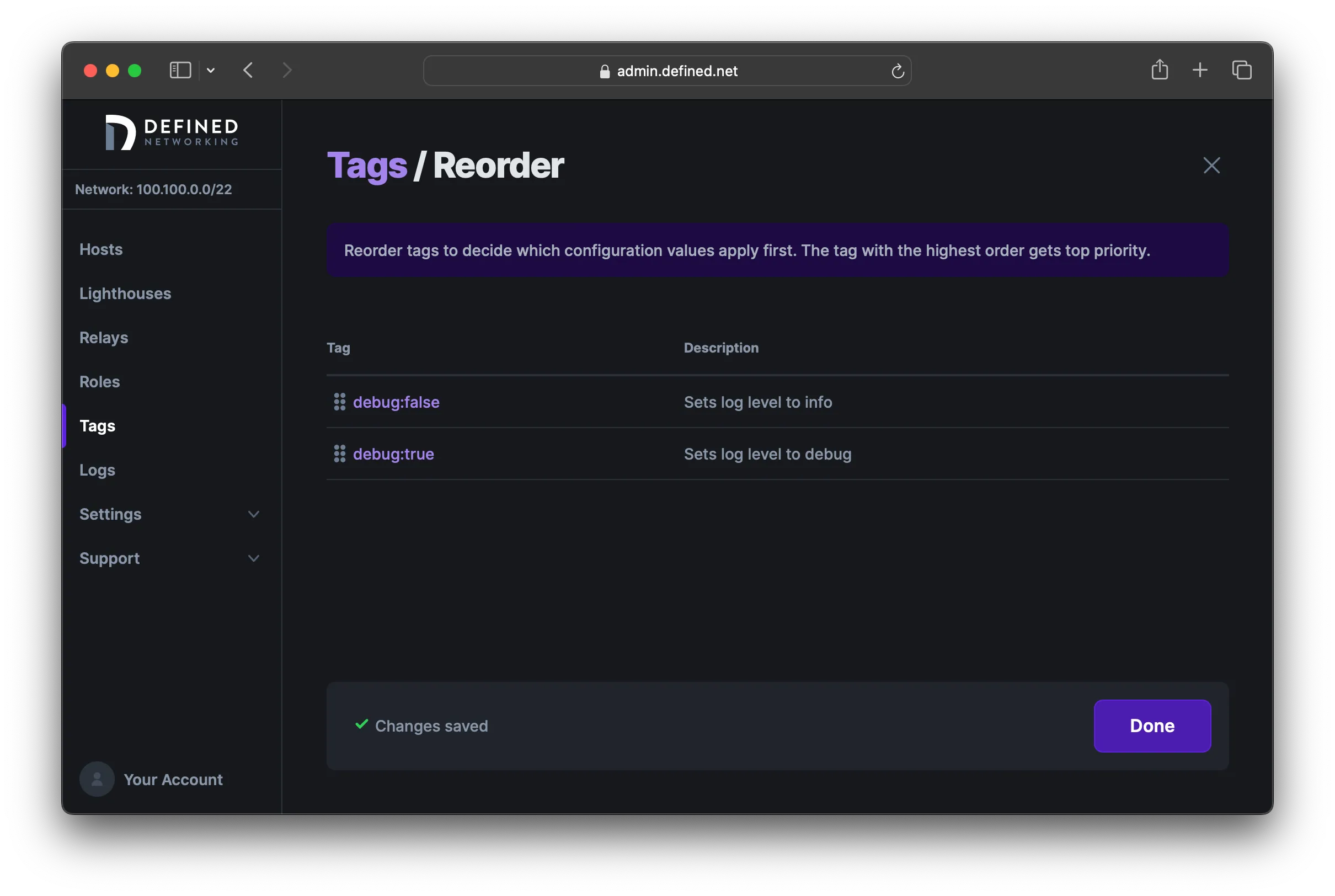 Tag reorder page showing debug:false reordered to be above debug:true