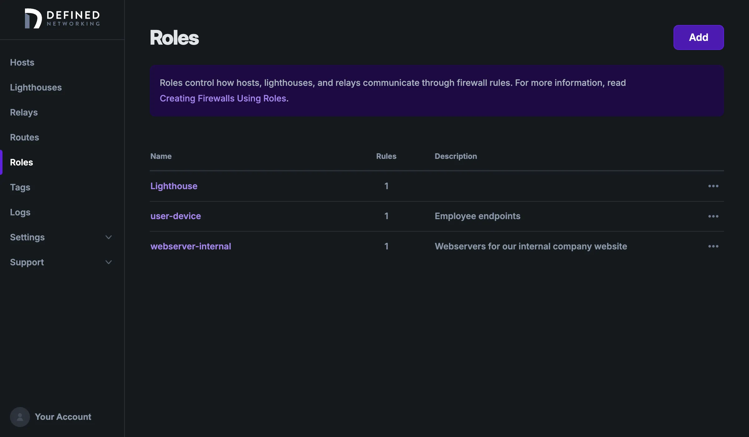 List of roles showing three roles: Lighthouse, user-device, and webserver-internal
