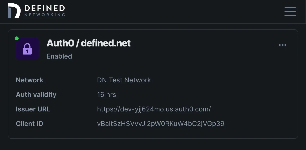 Saved and enabled SSO integration that shows a sign-on URL, and a details for a configured identity provider for endpoints