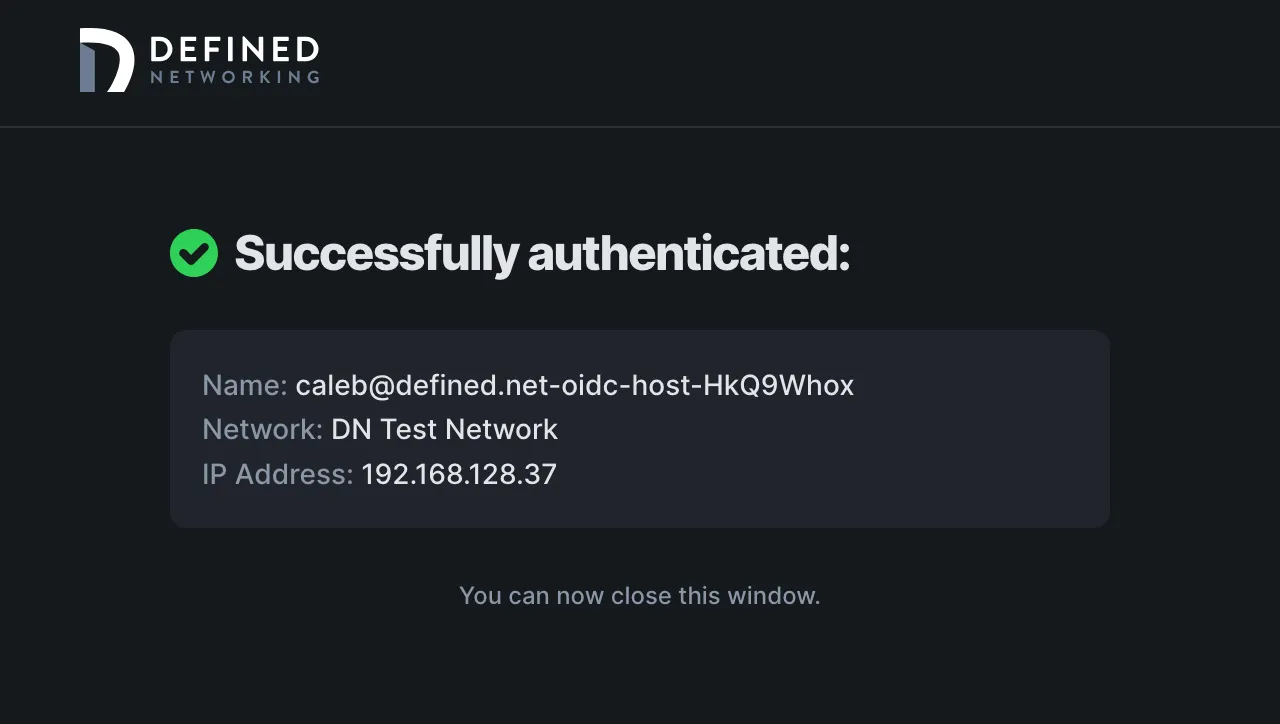 Success screen showing the host's name, network name, and ip address