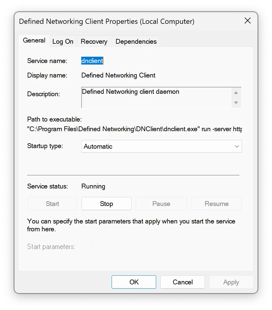 Services app showing the status of the DNClient service